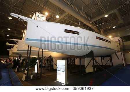 Istanbul, Turkey - February 22, 2020: Jeanneau Sun Odyssey 490 Yacht On Display At Cnr Eurasia Boat 