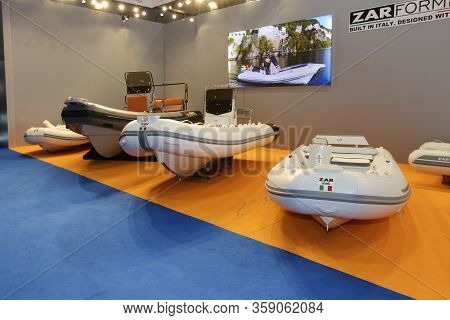 Istanbul, Turkey - February 22, 2020: Zar Inflatable Boats On Display At Cnr Eurasia Boat Show In Cn