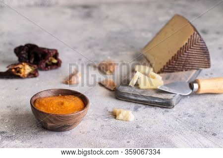 Famous La Gomera Paste Or Sauce Almogrote In Wooden Bowl With Ingredients Hard Goat Cheese, Peppers,