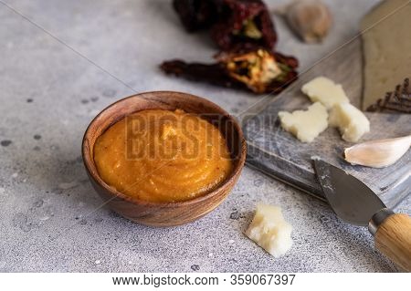 Famous La Gomera Paste Or Sauce Almogrote In Wooden Bowl With Ingredients Hard Goat Cheese, Peppers,