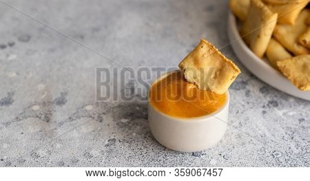 Almogrote , Cheese Paste, In Ceramic Bowl And Toasts. Typical La Gomera Appetizer In Many Restaurant