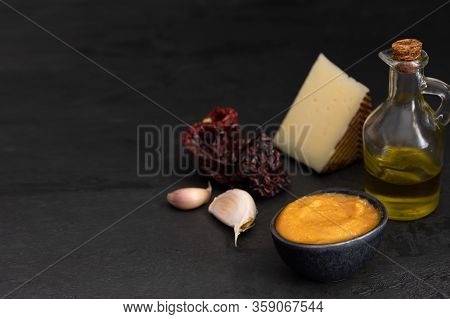 Almogrote, La Gomera Cheese Paste, With Their Ingredients Hard Cheese, Peppers, Olive Oil And Garlic