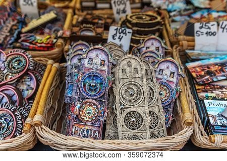 Prague, Czech Republic -january 18, 2020: View Of Different Suvenirs On Market In Prague, Czech Repu