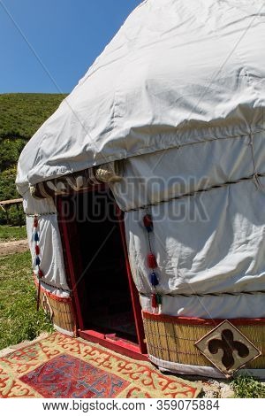 Kazakh Traditional Yurt Nomadic House Entrance Made Of Natural Materials With Bright Elements