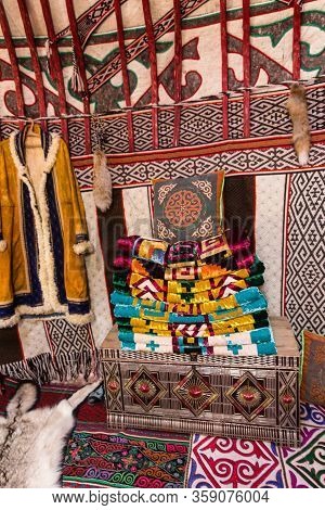 Kazakh Traditional Yurt Nomadic House Interiour Made Of Natural Materials With Bright Elements