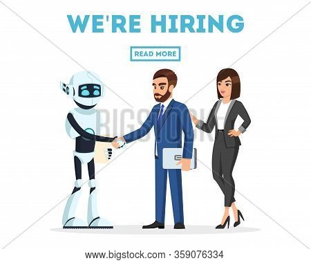 Bearded Businessman And Businesswoman Meet A New Colleague, Anthropomorphous Machine, Artificial Int