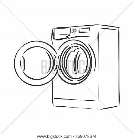 Washing Machine. Hand Drawn Sketch Illustration Isolated On White Background