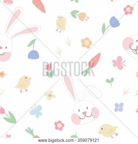 Vector Hand Drawn Easter Seamless Pattern With Cute Bunnies, Chicken And Flowers