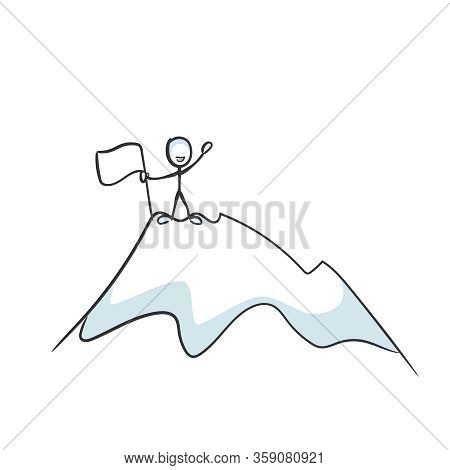 Going Up The Mountain. Successful Achievement Of A Proud Man. Ascend Mountain Peak. Standing On Top 