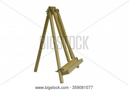 Small Table Top Wooden Easel And Blank Canvas Isolated On White Background. Side View. Working Equip