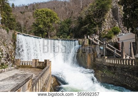 The Artificial New Athos Waterfall On The River Psyrtskha. Created In 1882. Famous Tourist Sightseei