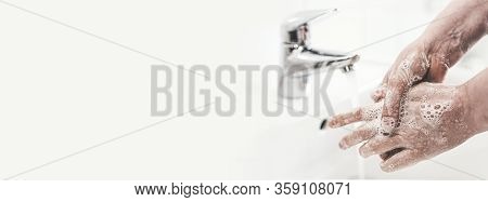 Wide Banner With Copy Space Of Woman Thoroughtly Washing Her Hands With Soap, Hygiene Measure During