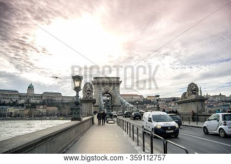 Budapest, Hungary - March 19, 2019 : Busy Chain Bridge, Or Lanchid, In The Capital Of Hungary, Budap