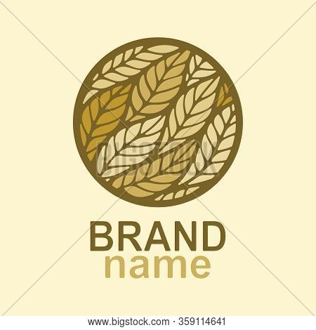 Round Logo With Leaves (ears) In Brown-beige Colors. Icon, Sign, Symbol, Brand Identity For Business