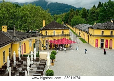 Salzburg, Austria - May 28, 2019: View Of The Hellbrunn Estate From Inside The Villa; Seen Is The Ma