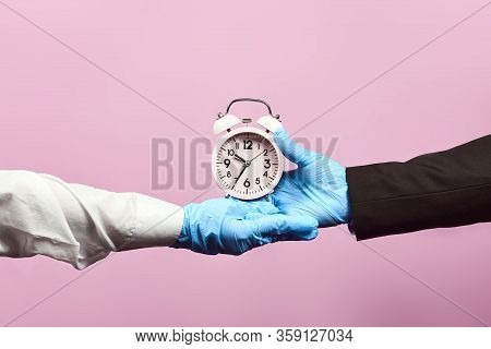 Government Support For Businesses. Pandemic Covid-19 Outbreak. Hands In Protective Medical Gloves Ho