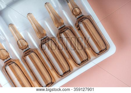 Medical Ampoules From Brown Medical Glass, Medicine, Vactination, Injection, Drug Concept. Close Up