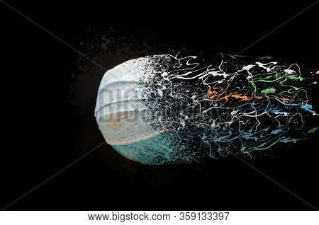 Globe Of The Planet Earth In A Medical Mask Dissolves Into Small Particles On A Black Background. Th