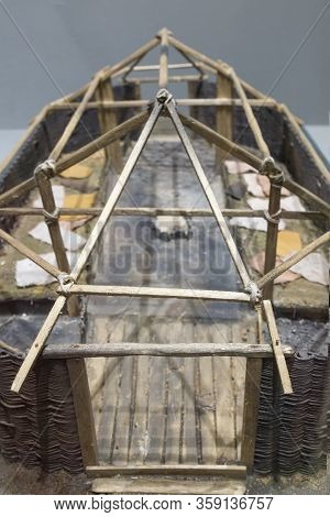 Dublin, Ireland - Feb 20th, 2020: Scale Model Viking House. Archaeology National Museum Of Ireland