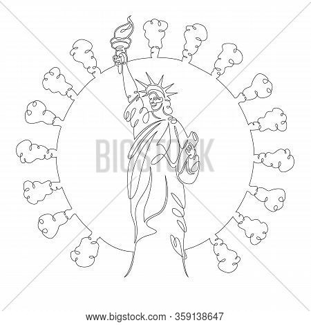 One Continuous Drawing Line Statue Of Liberty New York. Symbol Of Coronavirus. Usa. Virus Pandemic. 