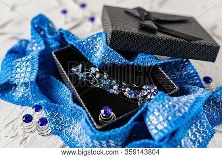 Beautiful Brooch With Blue And Aquamarine Stones And Rhinestones Of Different Sizes, Metal Base Pins
