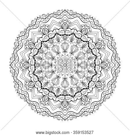 Mandala. Round Ornament Pattern.hand Drawn Background. Black And White Vector.