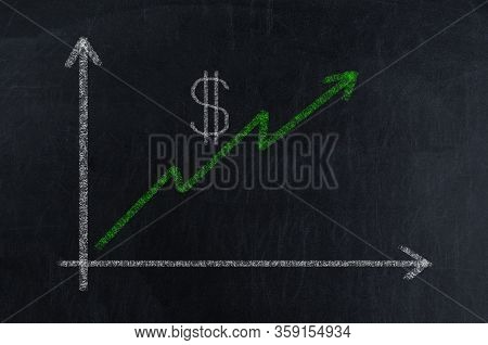 Dollar Is Rising Up To The Moon. Growing Graph With Green Arrow On Blackboard Painting Chalk. Bull M