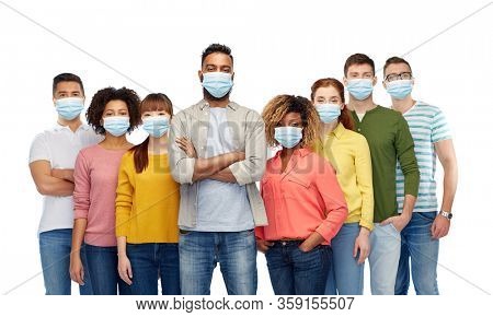 health, quarantine and pandemic concept - group of people wearing protective medical masks for protection from virus