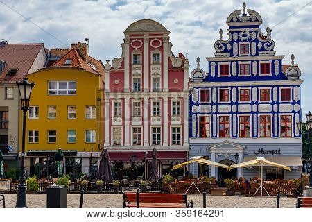 Szczecin, Poland, June 2018 Beautifully Renovated Old Residential Buildings With Decorative Facades,