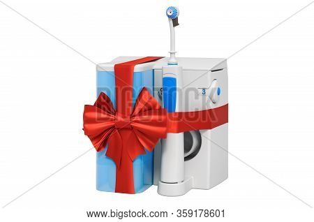 Water Flosser With Red Ribbon And Bow. 3d Rendering Isolated On White Background