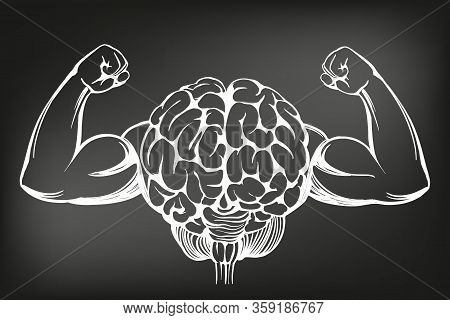 Brain With Strong Hands, Brain Training, Icon Cartoon Hand Drawn Vector Illustration Sketch, Drawn I