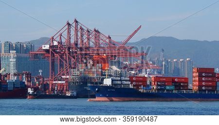 Kwai Tsing, Hong Kong 29 November 2019: Kwai Tsing Container Terminals in Hong Kong