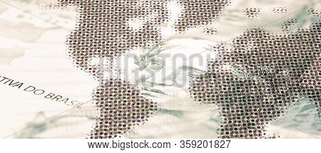 Details Of 100 Reais Banknote From Brazil, With Selective Focus, Background Image For Monetary Conce