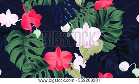 Floral Seamless Pattern, Red And Pink Dendrobium Orchid Flowers And Green Split-leaf Philodendron Pl