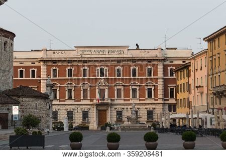 Brescia, Italy - August 1 2018: The View Of The Negroboni Or Credito Agrario Bresciano Palace On Pia