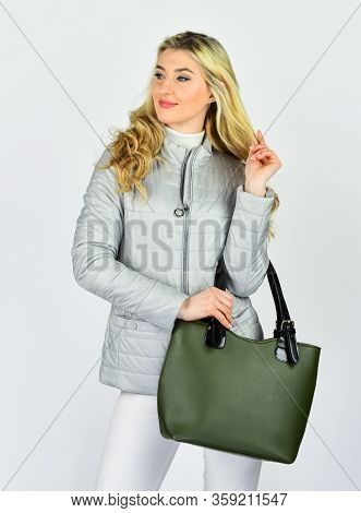 Best Specific Outfit. Fashionable Woman With Trendy Leather Bag. Female Secrets. Whole World In Bag.