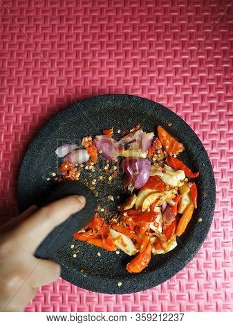 Preparation For Chilling Chili Sauce Or Sambal On Mortar