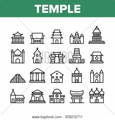 Temple Architecture Building Icons Set Vector. Religion Collection Nation Temple Building, Catholic 
