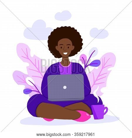 Vector Illustration Of Internet Assistant At Work. Manager For Remote Work. Freelancer African Ameri