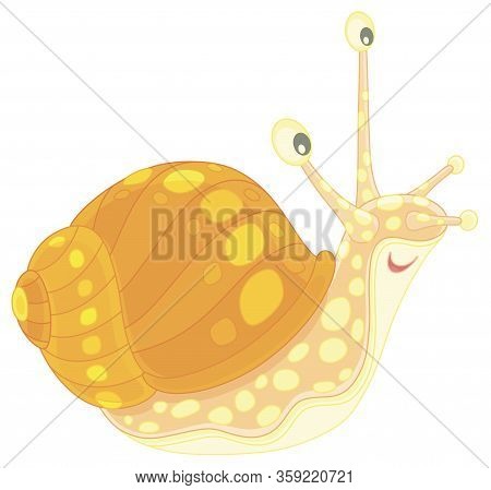 Funny Garden Snail With A Beautiful Striped And Spotted Shell, Friendly Smiling And Slowly Crawling 