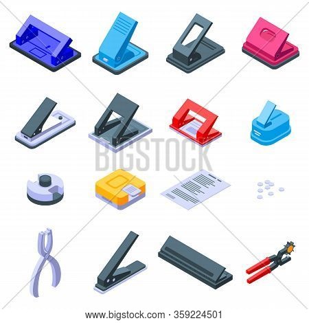 Hole Puncher Icons Set. Isometric Set Of Hole Puncher Vector Icons For Web Design Isolated On White 