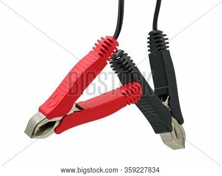 Red And Black Clamps Of Jumper Cable Isolated On White Background