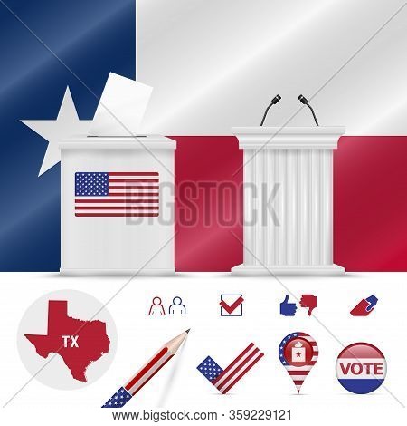Presidential Elections In Texas. Vector Waving Flag, Realistic Ballot Box, Public Speakers Podium, S