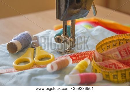 Tailor Workspace With Sewing And Handmade Tools. Tools For Sewing For Hobby. Sewing Kit