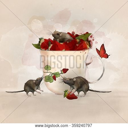 Surreal Illustration With A Cup Of Strawberries And Lovely Mice - 3d Illustration