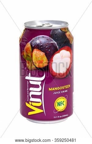 Novyy Urengoy, Russia - March 29, 2020: Aluminium Can Of The Vinut Mangosteen Juice Drink Isolated O