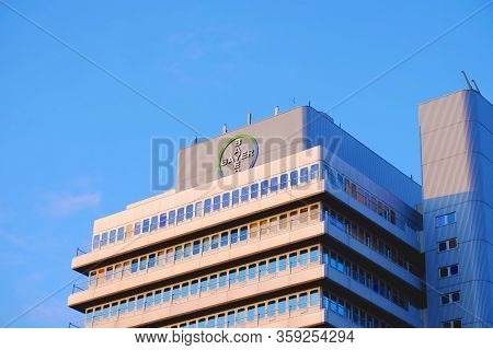 April 1, 2020, Berlin Germany - Bayer Pharma Ag, Logo On The Roof Of The Administration And Laborato