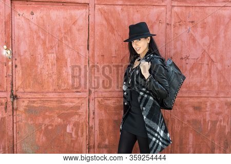 High Fashion Portrait Of Young Elegant Woman Outdoor. Brick Wall, Bag, Bijoux, Glamour Outfit. Backg