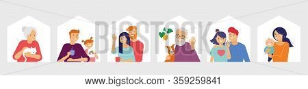 Stay At Home, Concept Design. Different Types Of People, Family, Neighbors In Their Own Houses. Self