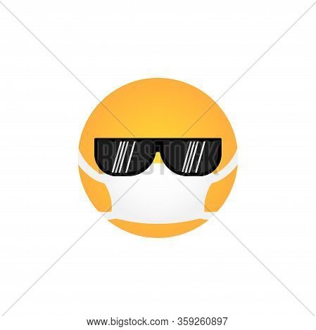Cool Sunglasses Kawaii Emoticon With Medical Mask Isolated On White Background. Corona Virus Protect